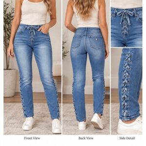GUESS Sexy Curve Jeans Sz 31 Short 27" Inseam Faded Blue Lace-Up Y2K Edgy